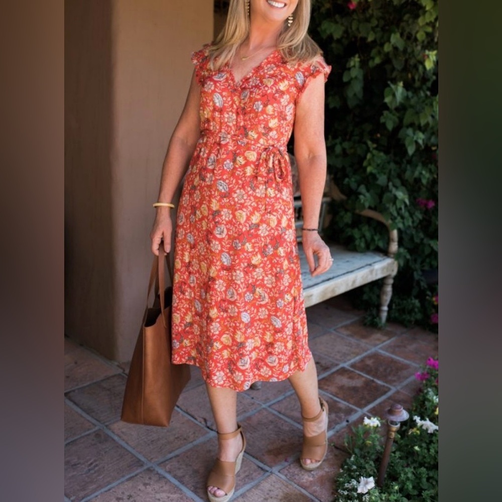 LOFT Orange Floral Wrap Dress Size 12. - Picture 6 of 6